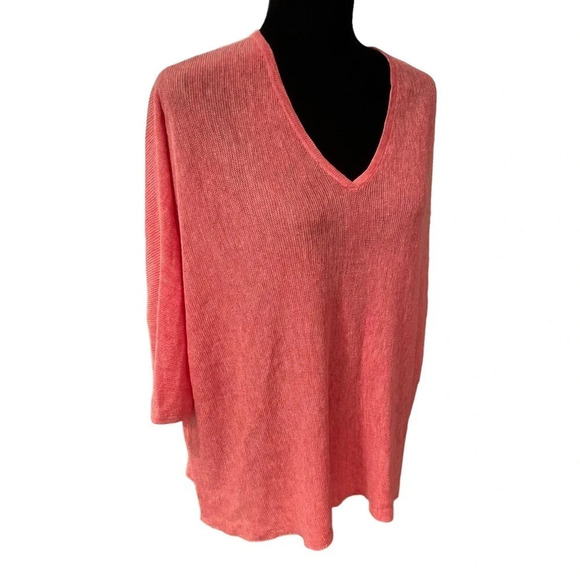 Eileen Fisher Knit Salmon Pink Organic Linen V neck Top Small - Picture 1 of 7